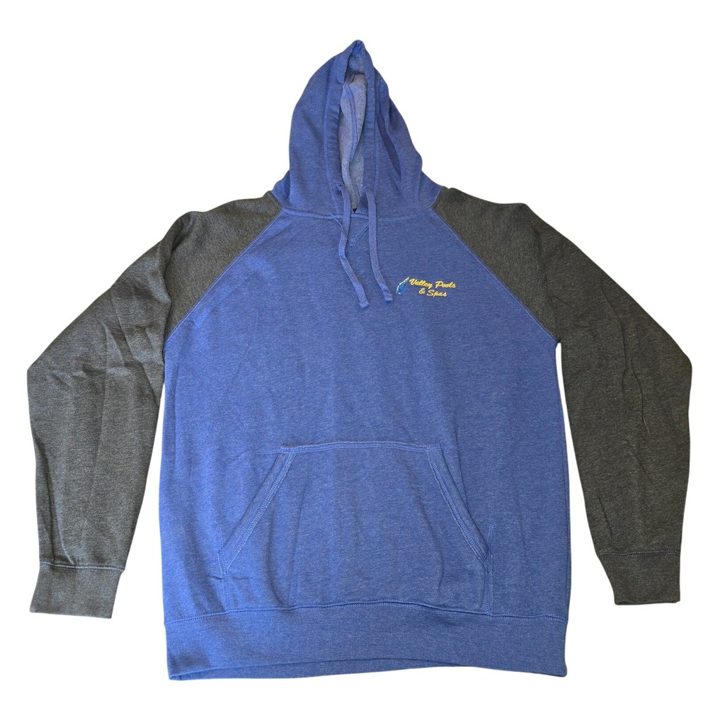District Distressed Large Valley Pools & Spas Hoodie Sweatshirt Blue/Gray pocket